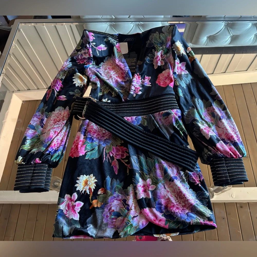 Zhivago Come Back Baby Belted Velvet Mini Floral Wrap Dress 4 Black - Picture 8 of 11